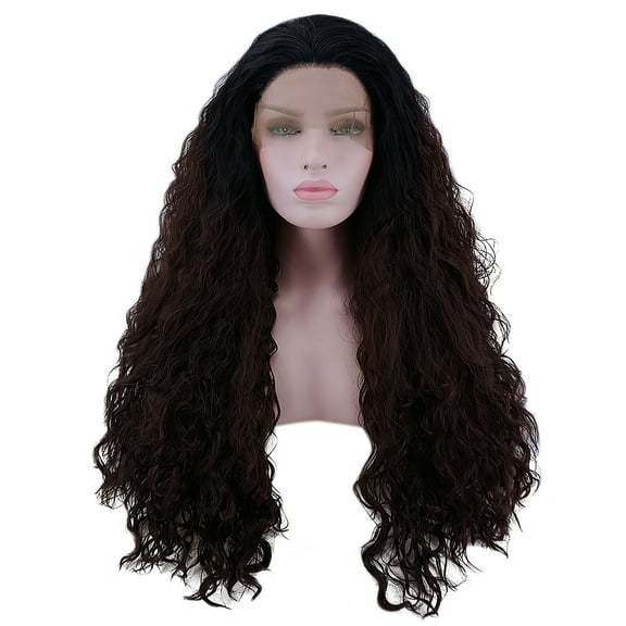Unique Bargains Lace Front Wigs for Women 24" Black Gradient Dark Brown Long Water Wave with Wig Cap