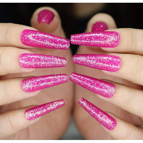 Extra Long Coffin Press on Nails Ballerina Shape Fake Nails Bling Glitter Glue on False Nails for Women & Girls (Fuchsia) White Fuchsia