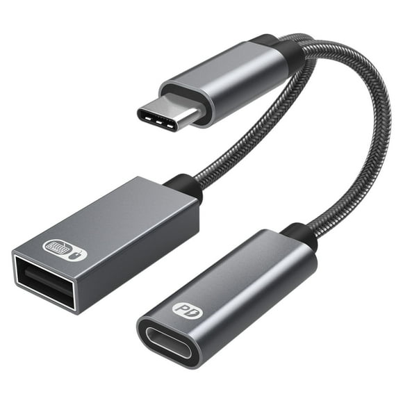 USB C OTG Adapter Braided Nylon Cord 2 in 1 Usb-C Splitter for Laptop Smartphone gray