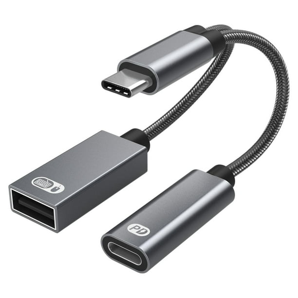 Adaptador USB C OTG con carga rápida PD 60W, divisor USB C 2 en 1 para smartphone gris