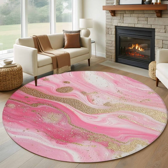 Round Rugs 5Ft, Pink Marble Round Area Rug Washable Indoor Throw Carpet, Golden Abstract Modern Ink Painting Soft Non Slip Circle Rug for Cabinet Bathroom Home Decor Aesthetic