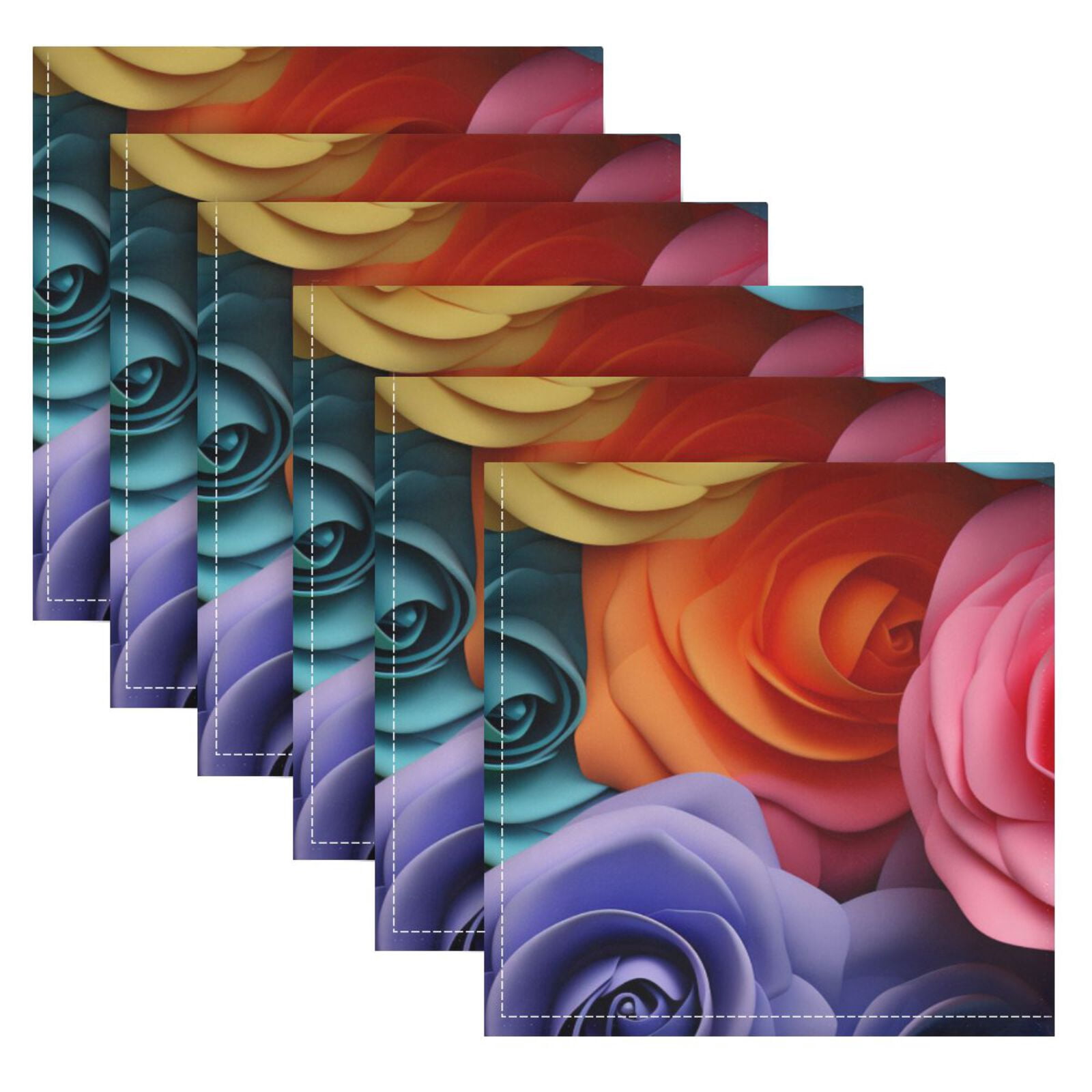 JSTEL Rainbow Rose Flowers 3d Cloth Napkins Set of 6, 20x20 Inch Washable and Reusable Napkin for Decoupage Dinner Party Everyday Use