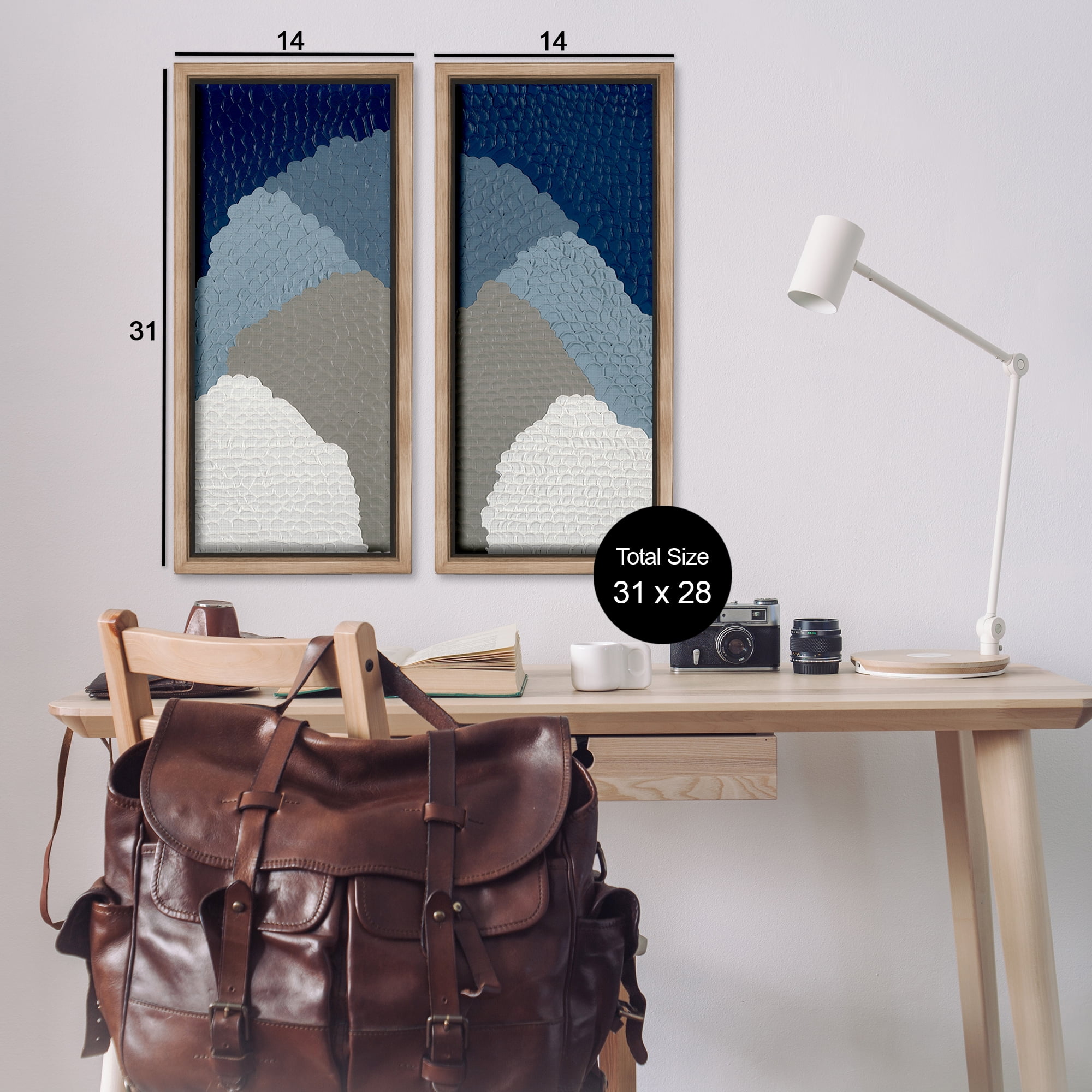 Stupell Industries Textured Blue Abstract Mountains Abstract Painting Brown Floater Framed Canvas Art Print Wall Art, 14 x 31, Set of 2