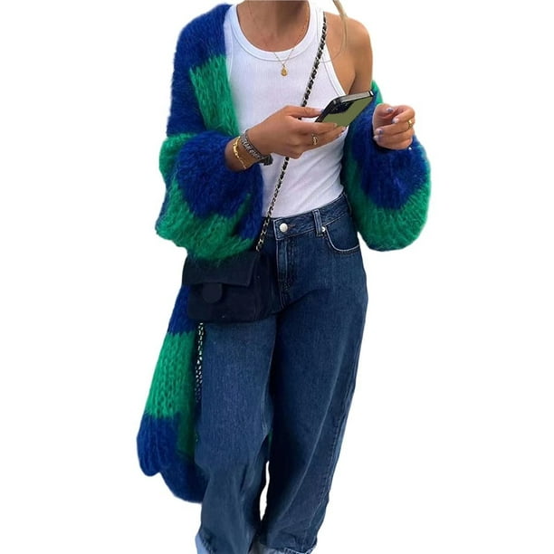 Cárdigan de Punto Holgado con Rayas y Bloques de Color para Mujer, y Abierto Verde XL