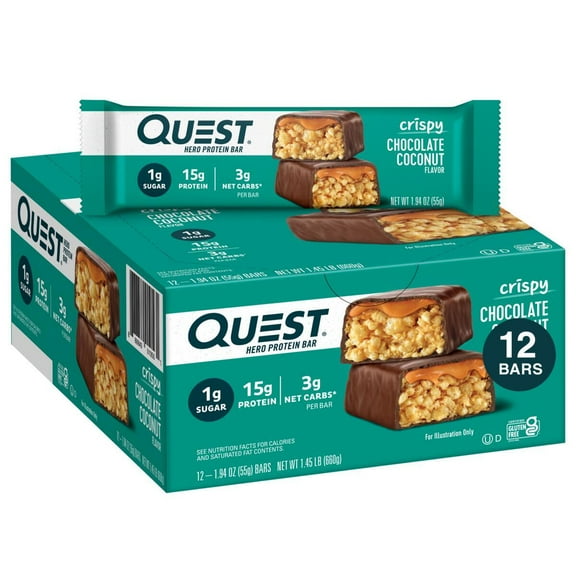 Quest Chocolate Coconut Crispy Hero Protein Bar, Gluten Free, 15g Protein, 1.94 oz, 12 Count