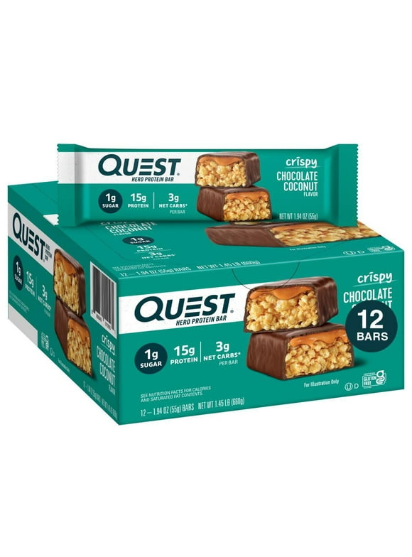 Quest Chocolate Coconut Crispy Hero Protein Bar, Gluten Free, 15g Protein, 1.94 oz, 12 Count