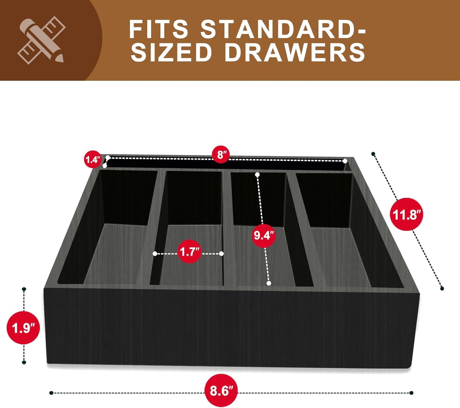 Small Cutlery Tray Narrow Wooden Silverware Organizer 12"x6.7" Spoon Kitchen Utensil Holder for Drawer Divider Bamboo Cutlery Drawer Organizers Storage Black Wood Silverware Tray Flatware Organizer