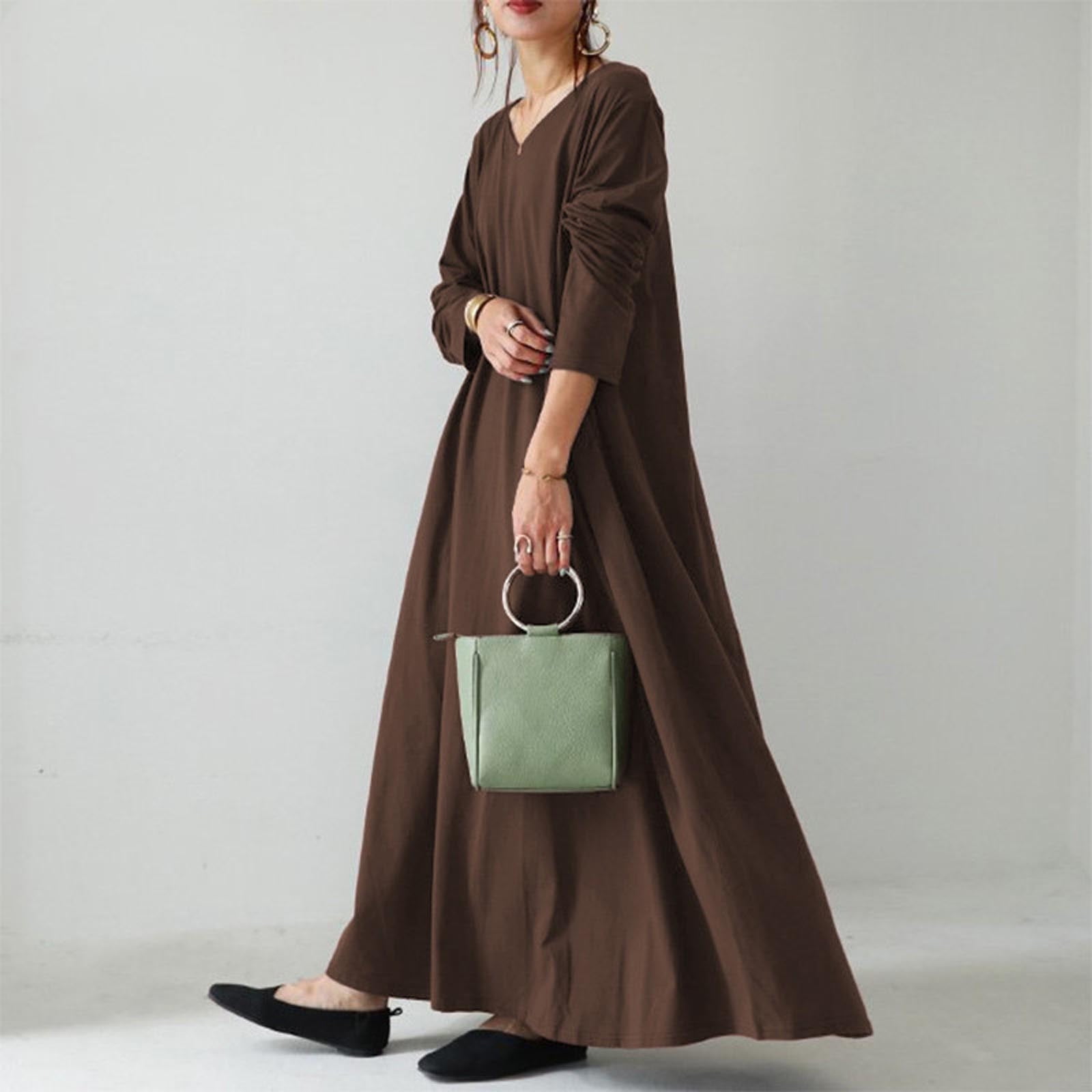 JGGSPWM Women's Long Sleeve Cotton Maxi Dress V Neck Side Pockets Casual Plus Size Daily Vacation Dresses Brown L