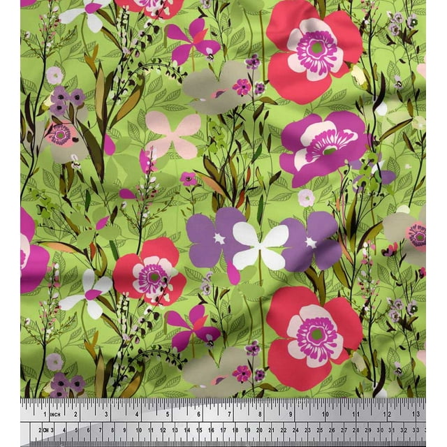 Soimoi Green Poly Georgette Fabric Leaves & Floral Artistic Print Fabric by Yard 52 Inch Wide