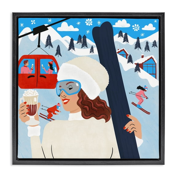 Stupell Industries Sipping Cocoa on Ski Lift Sports & Sports Teams Painting Black Floater Framed Canvas Art Print Wall Art, 18 x 18