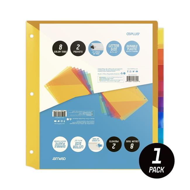 OS Plus OSD8T2M1 8-Tab Plastic Binder Dividers with 2 Pockets & Insertable Big Tabs - Set of 1