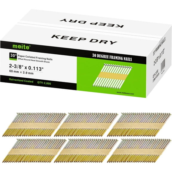MEITE 2,000 Counts 30 Degree Framing Nails, 2-3/8" x .113" Paper Tape, Galvanized, Offset Round Head, Smooth Shank