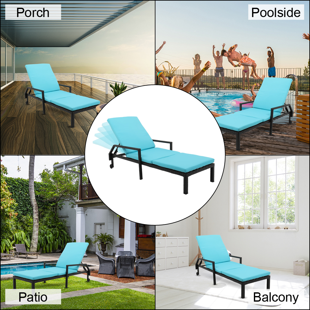 Patio Lounge for Outdoor, Garden Chaise Lounge Chair Furniture with Cushioned Seating, Adjustable 5-Position PE Rattan Pool Recliner, Backyard Lounge Chairs with 2 Wheels, Easy Moved, Blue, SS706 - image 3 of 9