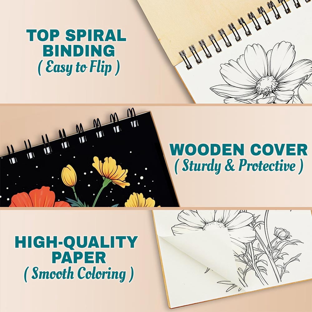 Netecom Large Print Cosmos Coloring Book Spiral Bound for Adults, A5 Wooden Cover, 30 Bold and Simple Flowers Coloring Pages of Oversized Designs for Stress Relief and Relaxation