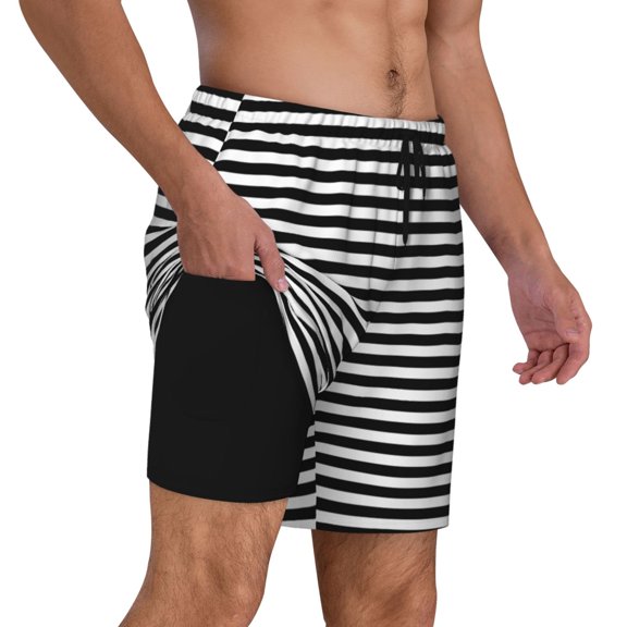 Mens Black White Mosaic Vertical Stripes 2 in 1 Quick Dry Swim Trunks with Compression Liner Beach Shorts