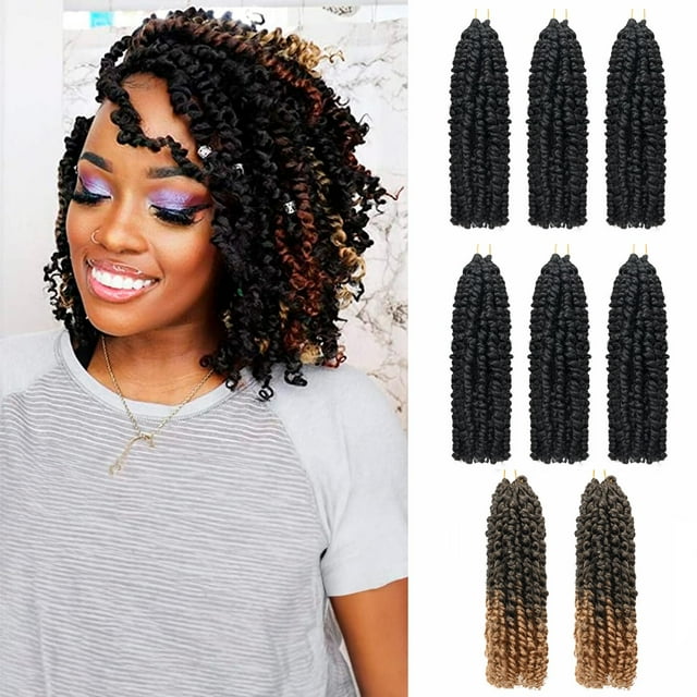 Paquete combinado de 8 paquetes de extensiones de cabello de crochet Passion Twist de 10 pulgadas, colores variados (6 paquetes 1B + 2 paquetes T1B/27), trenzas pre-enrolladas de Spring Kinky Twist Bo