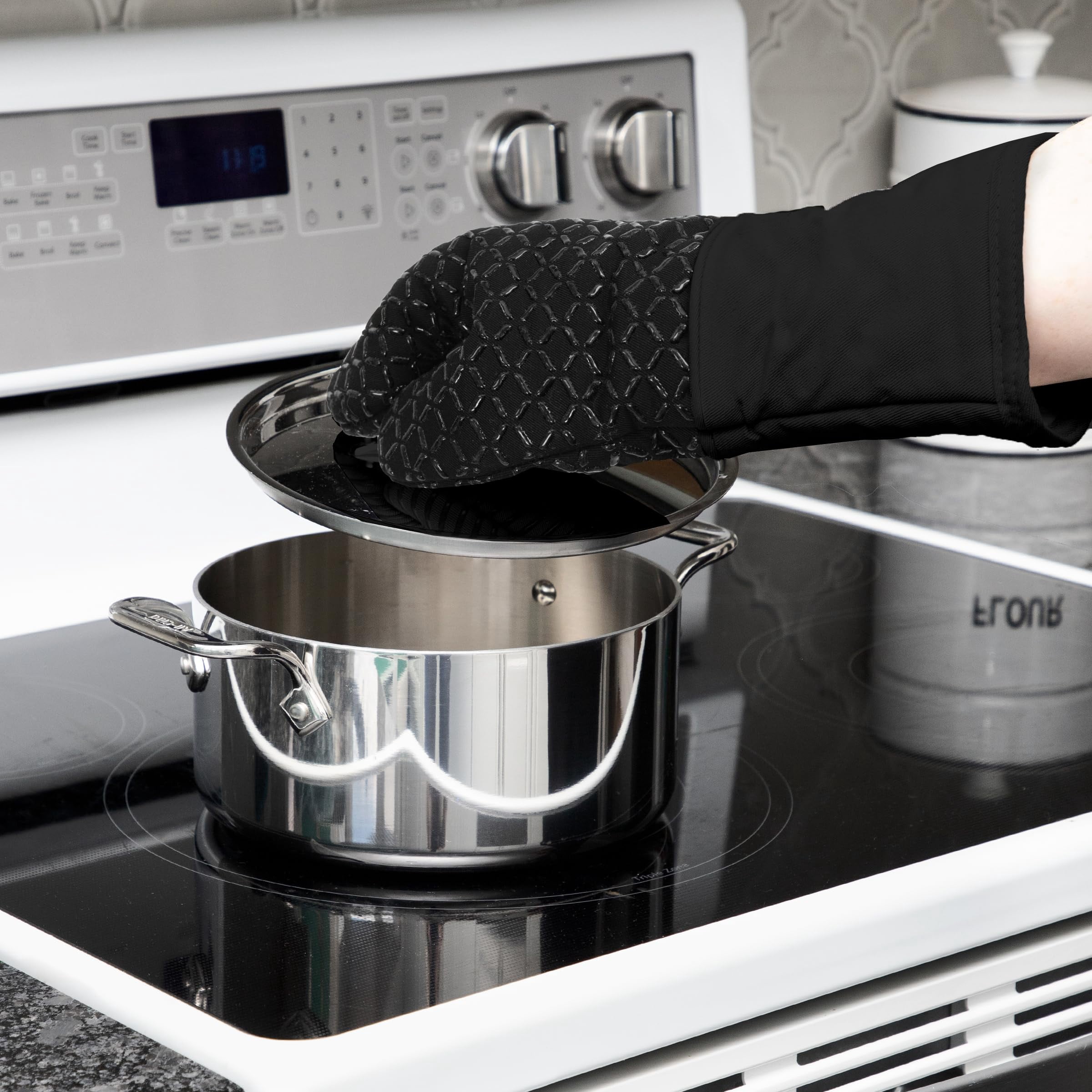 Oven Mitts 14"x7" Black, 2-Pack, Heat Resistant, Cotton with Silicone Grip for Kitchen BBQ