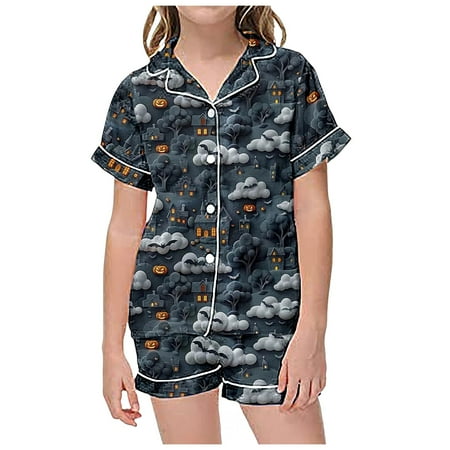 

2 Piece Sets Pajamas for Kids Children Graphic Print Short Sleeve Button Shirt Shorts Pajama Set Toddler Girl Clothes 5t Sporty Leggings for Teen Girls Little Girl Clothes for Women Baby Band Outfits