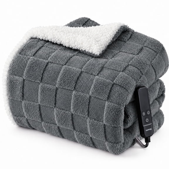 GARVEE Electric Heated Throw Blanket 50" x 60", Gray Jacquard Flannel Sherpa with 10 Heat Settings & Auto-Off Timer