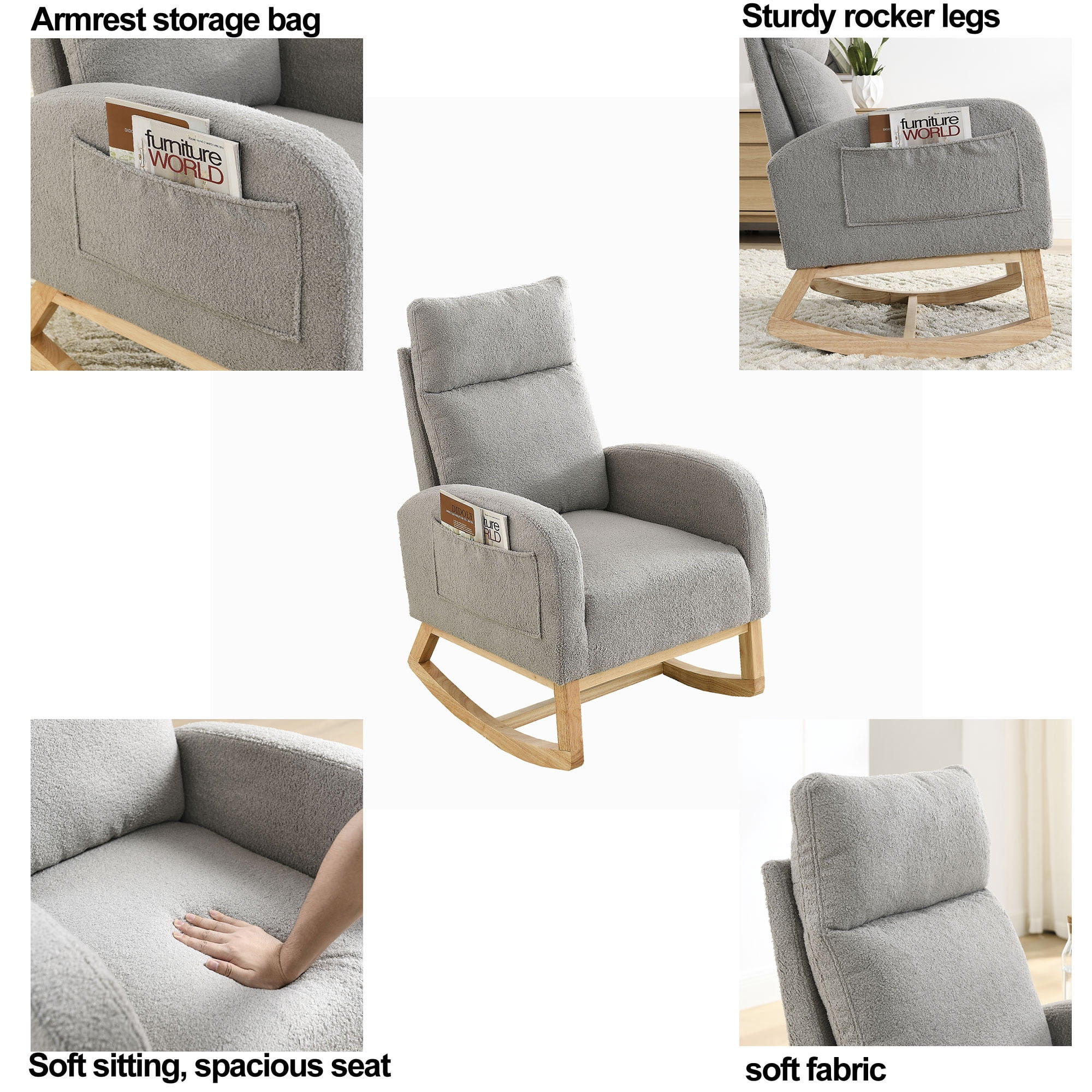 Modern Rocking Chair for Nursery,Accent Glider Chair with High Backrest & Two Side Pockets & Solid Wood Legs,Gray Teddy