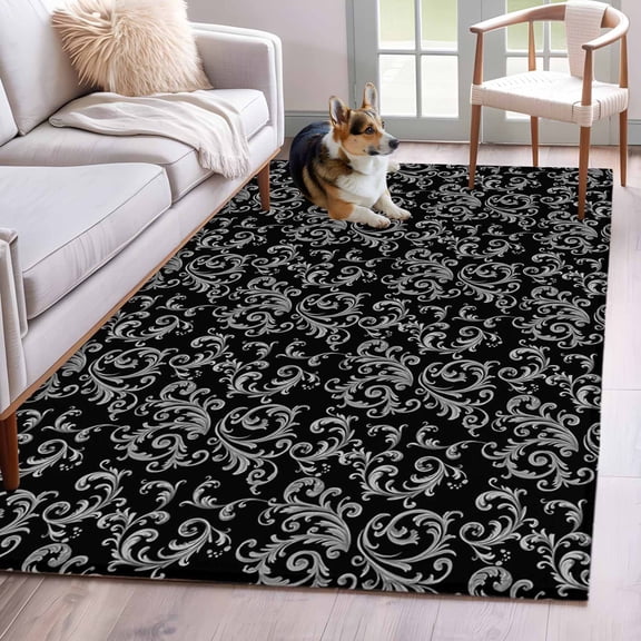 Area Rug for Living Room, Black Floral Non-Slip Indoor Large Carpet for Bedroom/Dining Room, Vintage Farmhouse Abstract Flowers Pattern Washable Low-Profile Rectangle Floor Mat Runner Rugs - 3 x 5 Ft