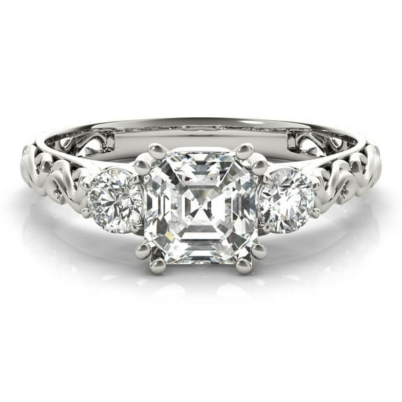 Alor Jewelry 1.9 Ct Asscher Cut Moissanite Ring - Vintage Three Stone Style with Filigree Design - 14K White Gold Plated Diamond Rings for Women Designed for Engagement or Wedding