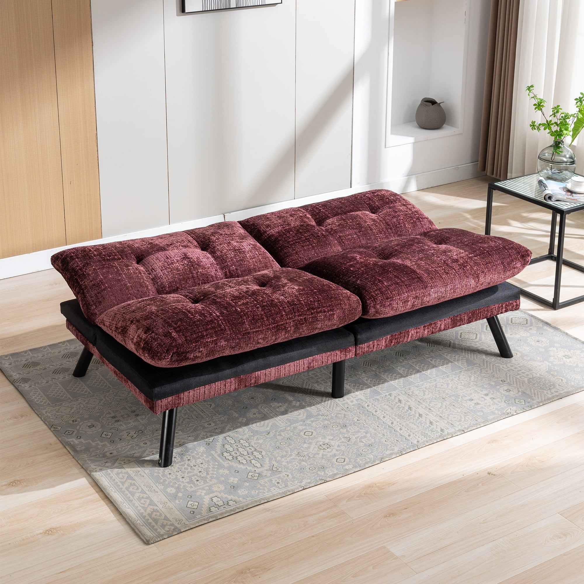 Kadyn Convertible Sofa Bed, Loveseat Futon Bed with Metal Legs, Adjustable Lounge Couch for Compact Living Space Chenille, Wine Red Kadyn Convertible Sofa Bed, Loveseat Futon Bed with Metal Legs, Adjustable Lounge Couch for Compact Living Space Chenille, Wine Red