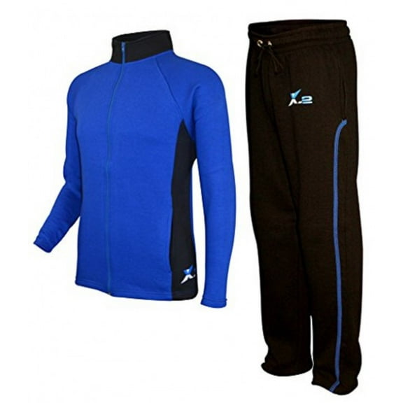 X-2 Mens Athletic Full Zip Fleece Tracksuit Jogging Sweatsuit Activewear Blue-Black Small