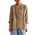thumbnail image 2 of LYEAA Women Loose Fit 3/4 Sleeve Round Neck Linen Cotton Blouse Casual Summer Tops Breathable Shirt for Office Wear Daily Outfits Khaki M, 2 of 5