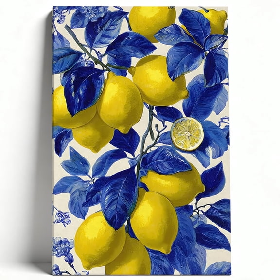 Vintage Lemon Branch With Blue Leaves Premium Framed Canvas Wall Art - Botanical Citrus Decor For Kitchen Dining Room, High-Definition Print, Easy To Hang 8*12inch(20*30cm)