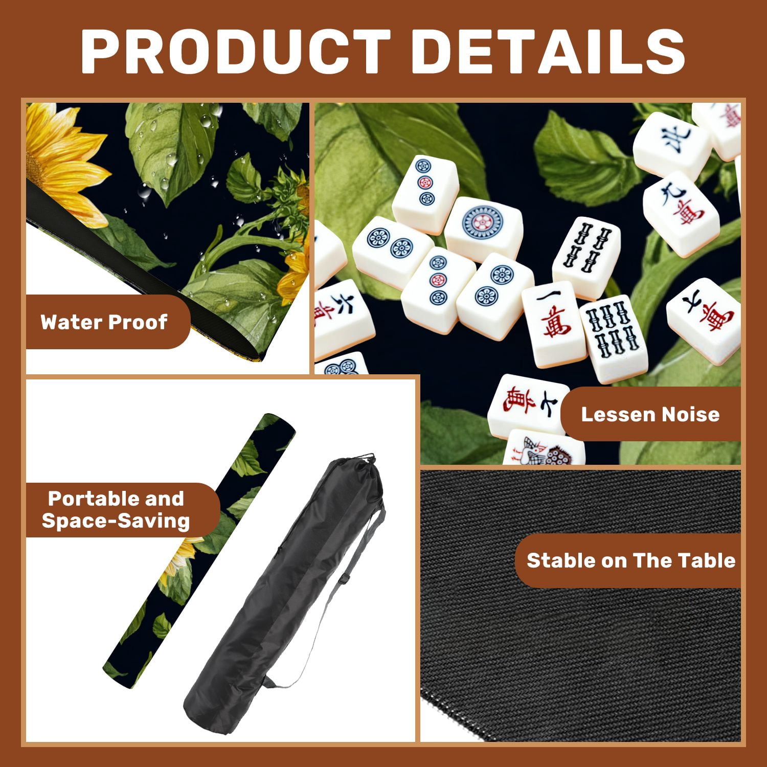 Mahjong Mat 31.5" x 31.5" Seamless sunflowers Trendy textile design Non-Slip Noise Reduction American Mahjong Tiles Table Cover for Dominoes Poker Card Board Games Gift