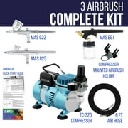 Master Airbrush Cool Runner II Dual Fan Air Compressor Pro Kit with 3 Airbrush Sets, 0.2, 0.3 mm Gravity & 0.8 mm Siphon