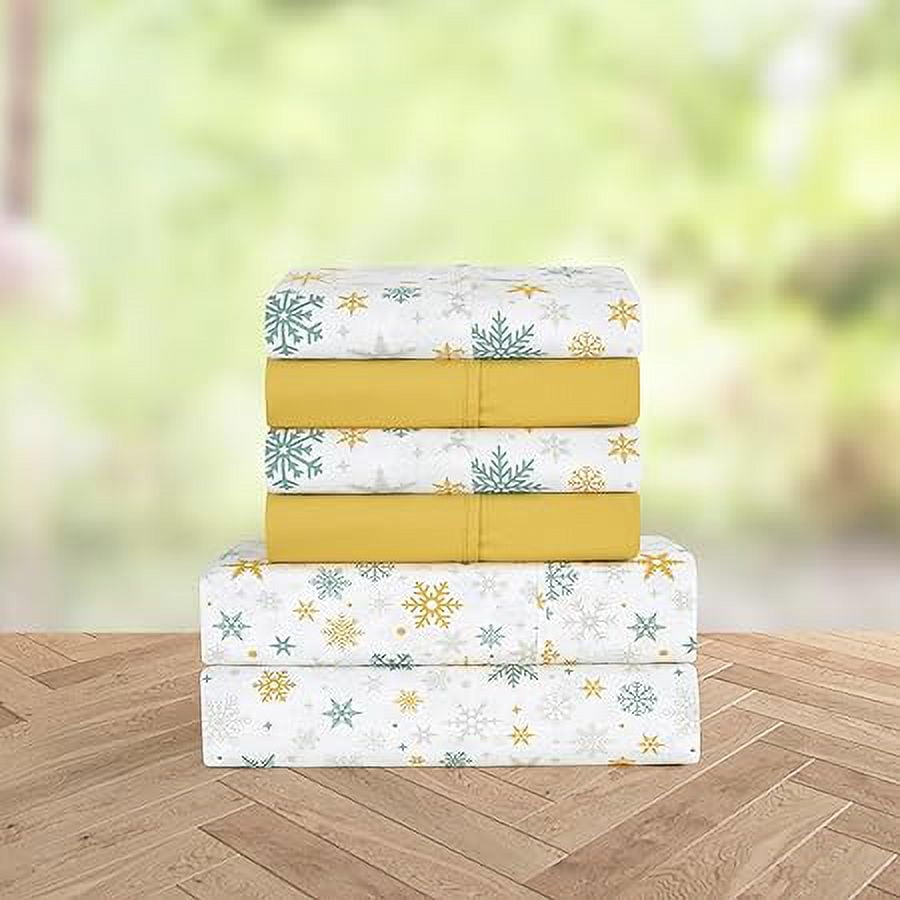 Elegant Comfort Soft 6-Piece Bed Sheets Set High-Quality Microfiber, Wrinkle & Fade Resistant, Holiday Pattern, Cal King, Gold Snowflake
