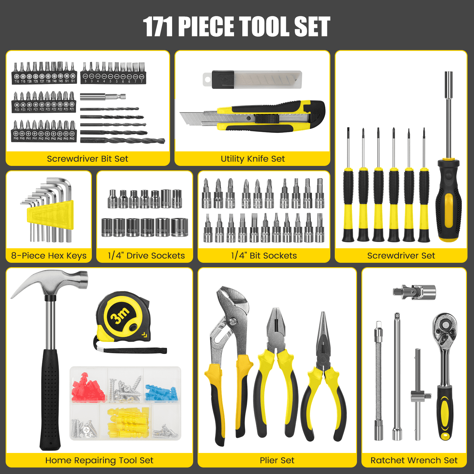 Cshidworld 171 Piece Socket Wrench Auto Repair Tool Combination Package 1/4" Ratchet Wrench, Household Tool Set General Mechanic Tool Kit and Socket Set, Hand Tool Kit with Toolbox Storage Case