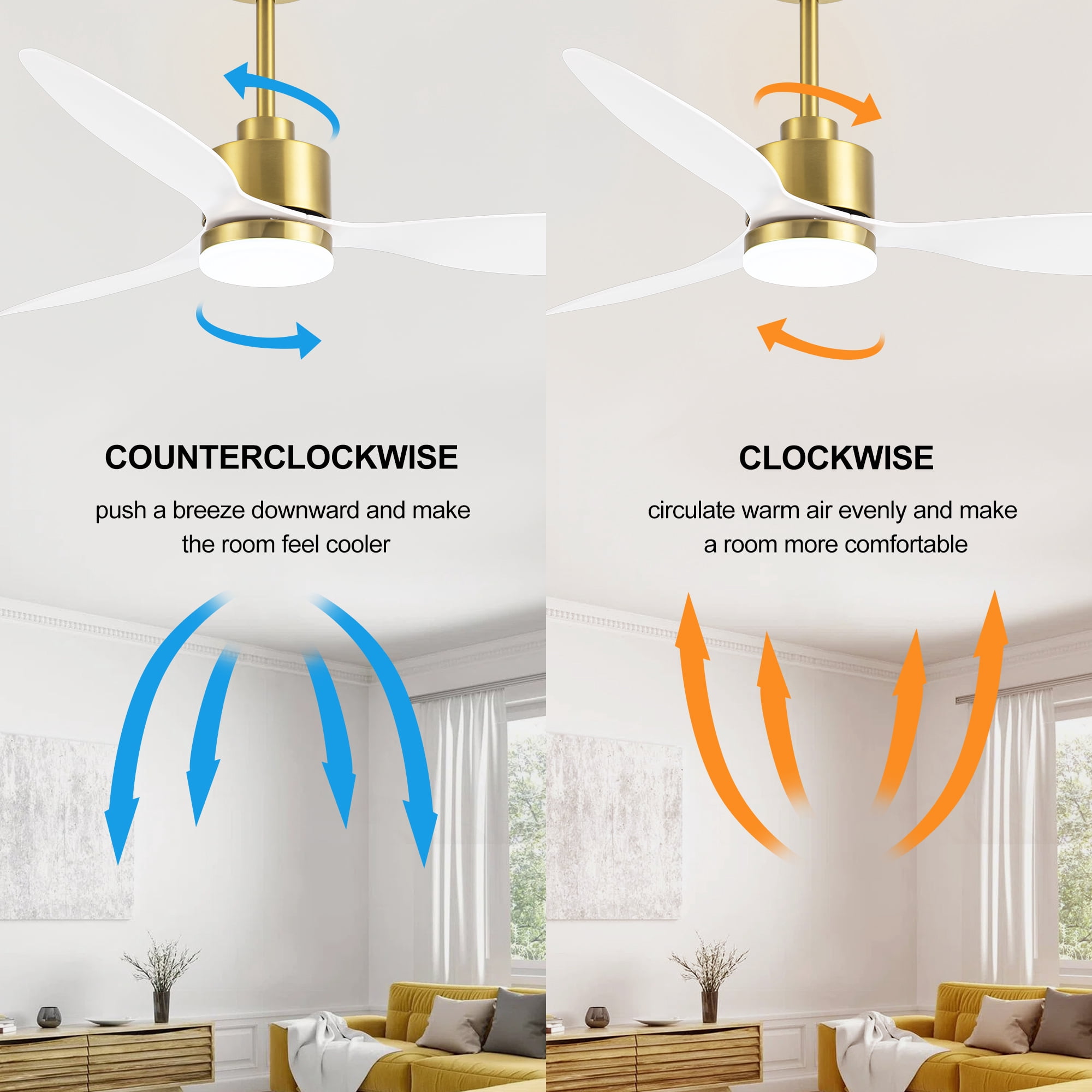 ALKAFY 52'' Gold & White LED Ceiling Fan with Remote, 3-CCT Adjustable & Reversible Motor for Home Rooms