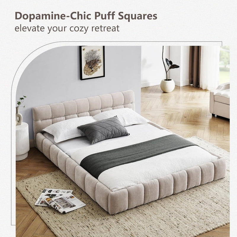 Queen Size Upholstered Platform Bed with Thick Fabric, Chenille Grounded Bed with Headboard and Solid Frame, No Box Spring Needed