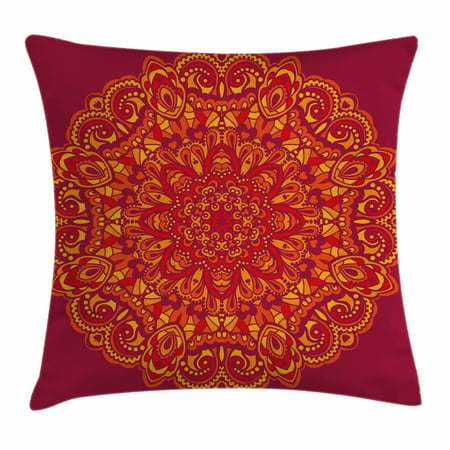 Red Mandala Throw Pillow Cushion Cover, Psychedelic Vibrant Colored Mandala Historical Ancient Art Elements Circle, Decorative Square Accent Pillow Case, 18 X 18 Inches, Red Ruby Yellow, by