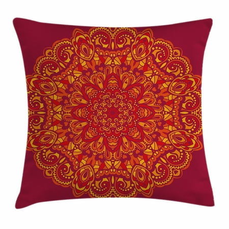 Decorative Elements - Red Mandala Throw Pillow Cushion Cover, Psychedelic Vibrant Colored Mandala Historical Ancient Art Elements Circle, Decorative Square Accent Pillow Case, 18 X 18 Inches, Red Ruby Yellow, by Ambesonne