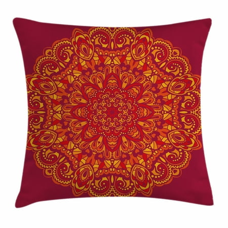 Red Mandala Throw Pillow Cushion Cover, Psychedelic Vibrant Colored Mandala Historical Ancient Art Elements Circle, Decorative Square Accent Pillow Case, 18 X 18 Inches, Red Ruby Yellow, by