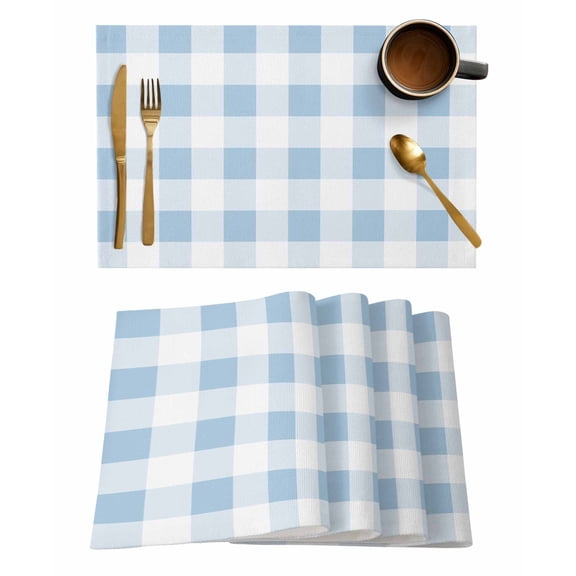 Blue Checkered Placemats Set of 4, Blue White Buffalo Plaid Placemats for Dining Table, Place Mats for Kitchen Tabletop, Waterproof Wipeable Dining Table Mats Set