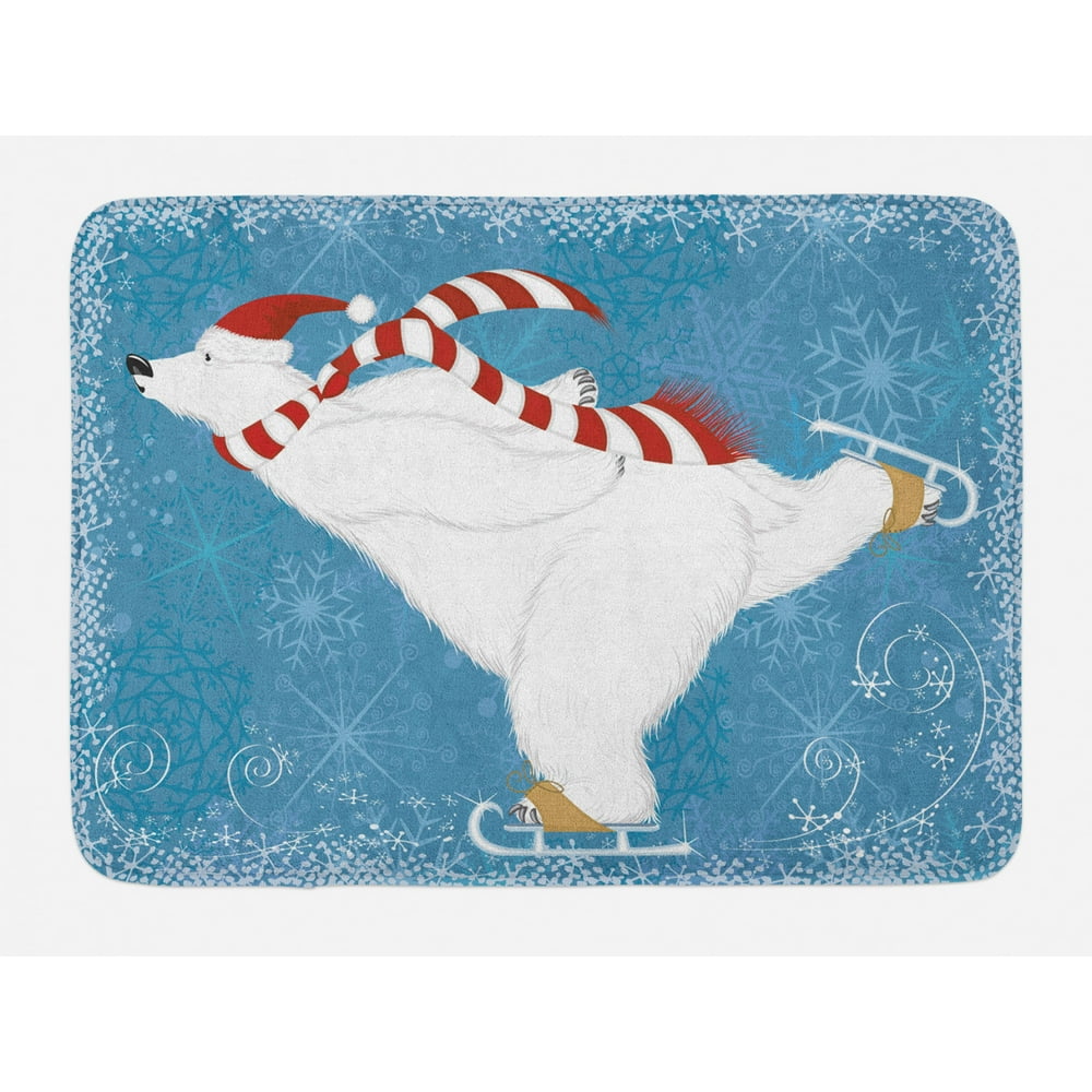 Bear Bath Mat, Polar Bear with Christmas Hat and Scarf Ice Skating