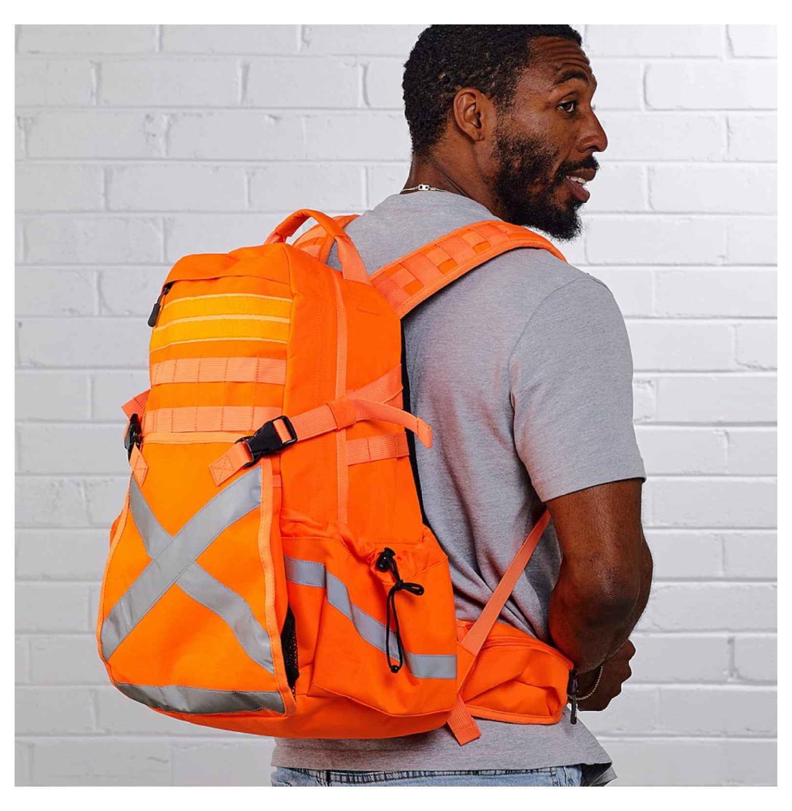 Mineral King Hi Vis Backpack - Orange Reflective Backpack with Adjustable Hard Hat Holder, Bottle Holders and Hydration Resevoir Compartment
