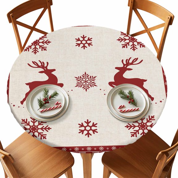 Christmas Round Tablecloth Deer Snowflake Tablecloths with Elastic Edge Fitted Red Buffalo Plaid Table Cover,Waterproof Oil Proof for Dinner,Outdoor, Picnic, Party Fits 36"- 44" Diameter