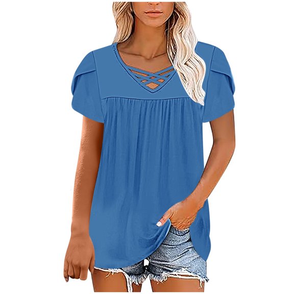 Shirts for Women Plus Size Short Sleeve V Neck Casual Loose Shirts Blue L
