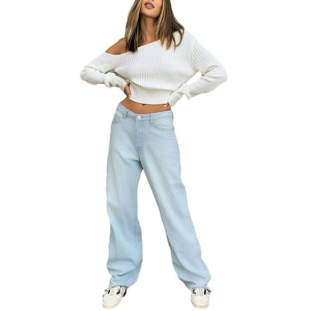 Sunloudy - Pantalones vaqueros para mujer, pantalones de pierna ancha transpirables que combinan con todo con bolsillos para vacaciones, citas, fiestas, compras Sunloudy XS, S, M, L