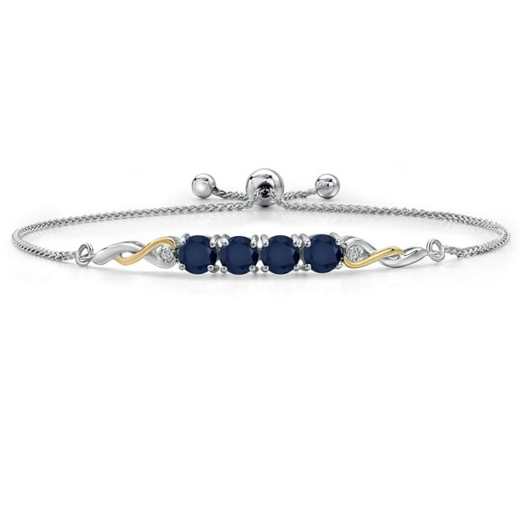 Gem Stone King 925 Silver and 10K Yellow Gold Blue Sapphire and White Lab Grown Diamond Bracelet for Women | 2.42 Cttw | Gemstone September Birthstone | Round 5MM | Fully Adjustable 9 inch
