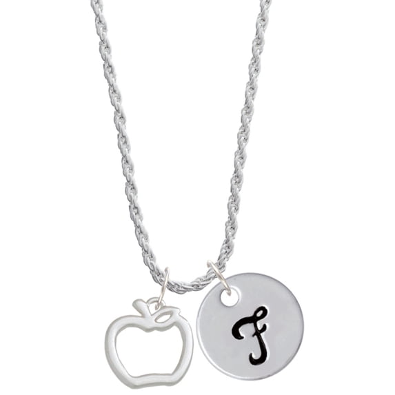 Delight Jewelry Silvertone Apple Outline Silvertone Script Initial Disc - F - Charm Necklace, 20"+3"