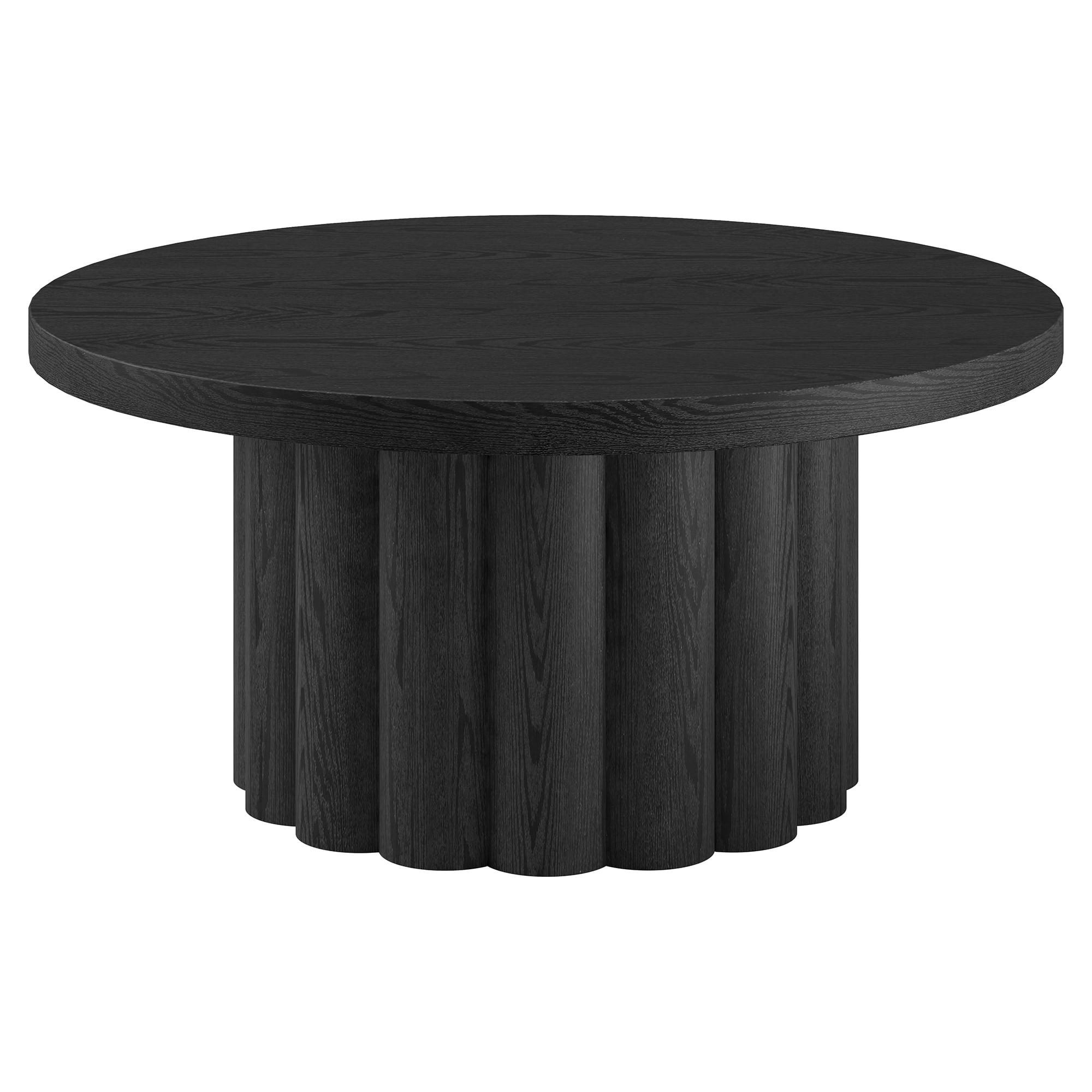 Olie 32" Wide Round Fluted Coffee Table in Black Grain