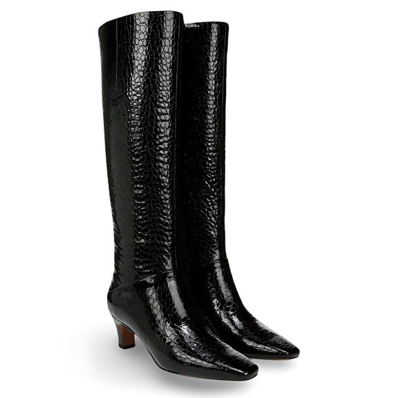 Franco Sarto Women's Andria Pointed Toe Knee High Boot Black Croc Patent Leather 9.5M
