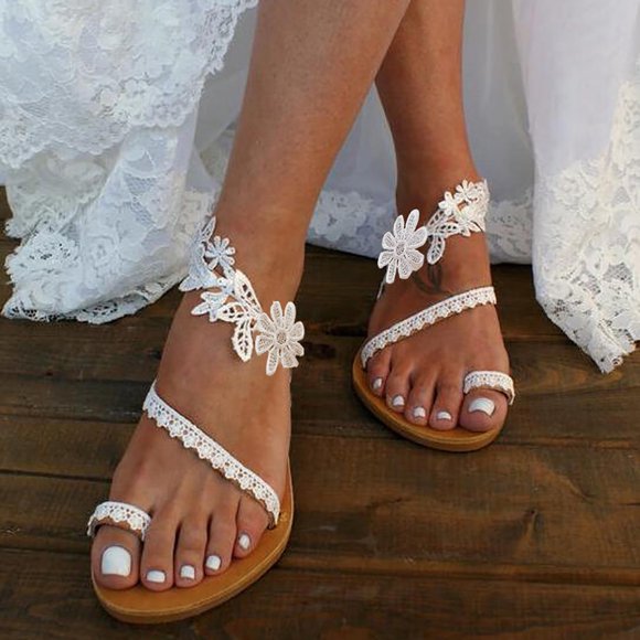 Women's Lace Flip Flops Boho Beach White Dress Flats Slides Sandals Bride Wedding Slip on Summer Shoes